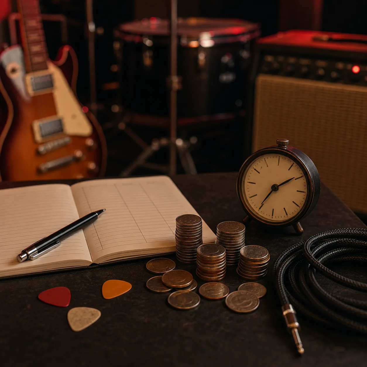 Coins, clock, notebook, and guitar picks on a rehearsal studio table