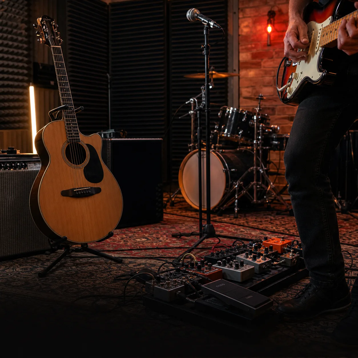Rehearsal setup with acoustic guitar, electric guitar, pedals, and microphones