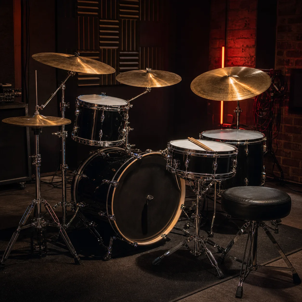 Complete drum kit with cymbals and sticks in a rehearsal studio