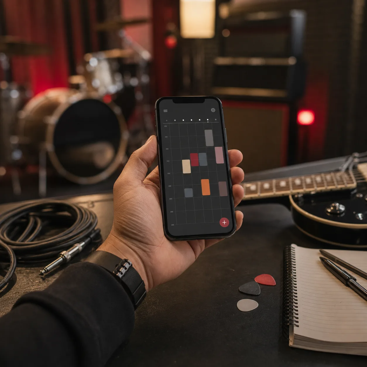 Phone showing a studio booking calendar beside rehearsal gear