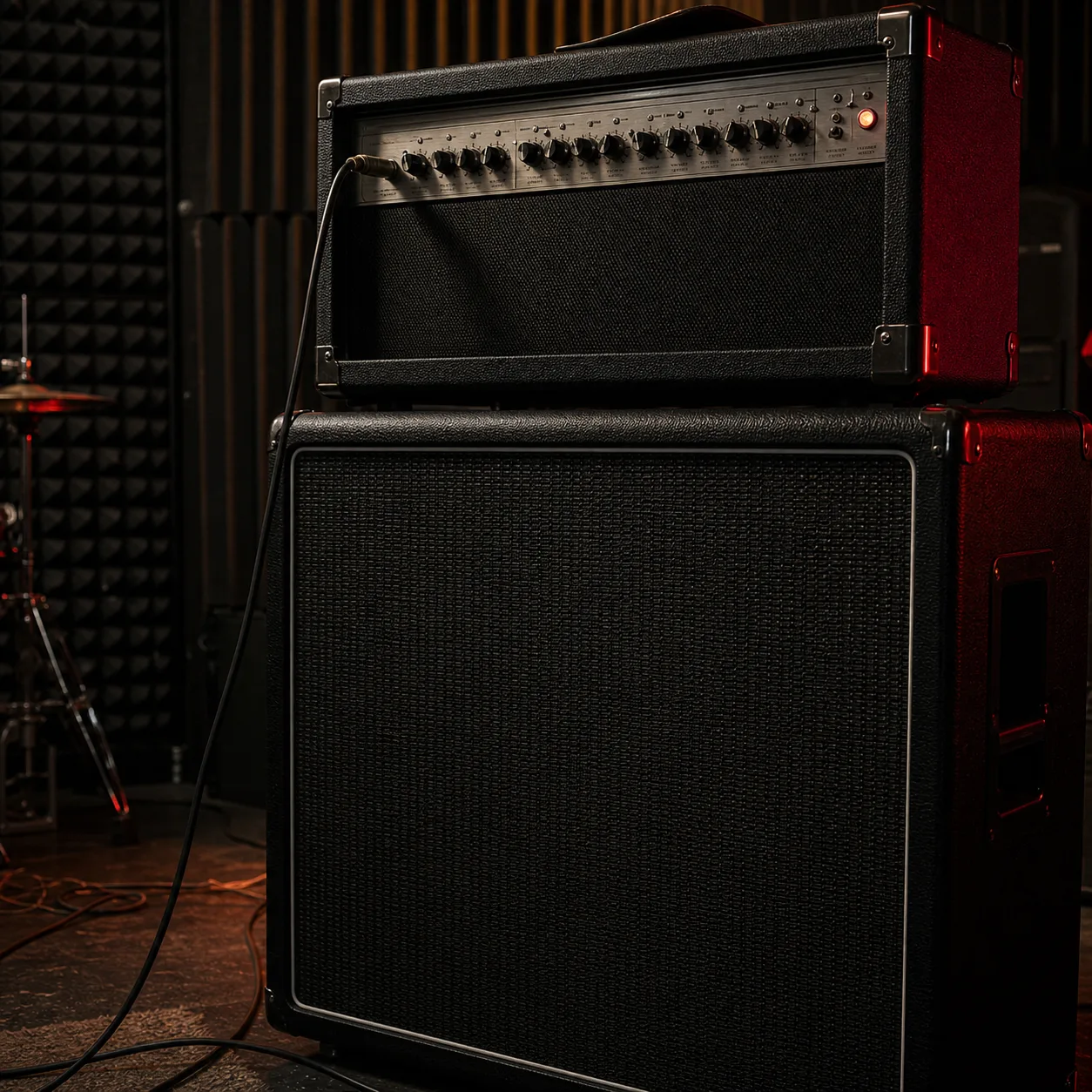 Stacked guitar amplifier and speaker cabinet in a studio room