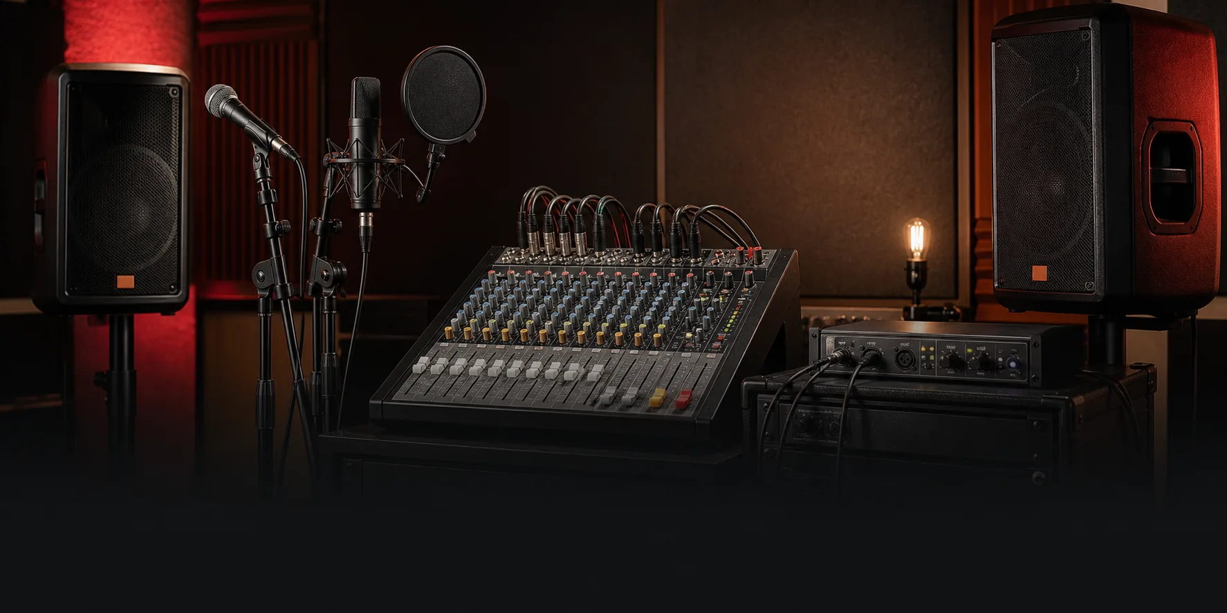 Microphones, mixer, speakers, and audio interface in a studio setup