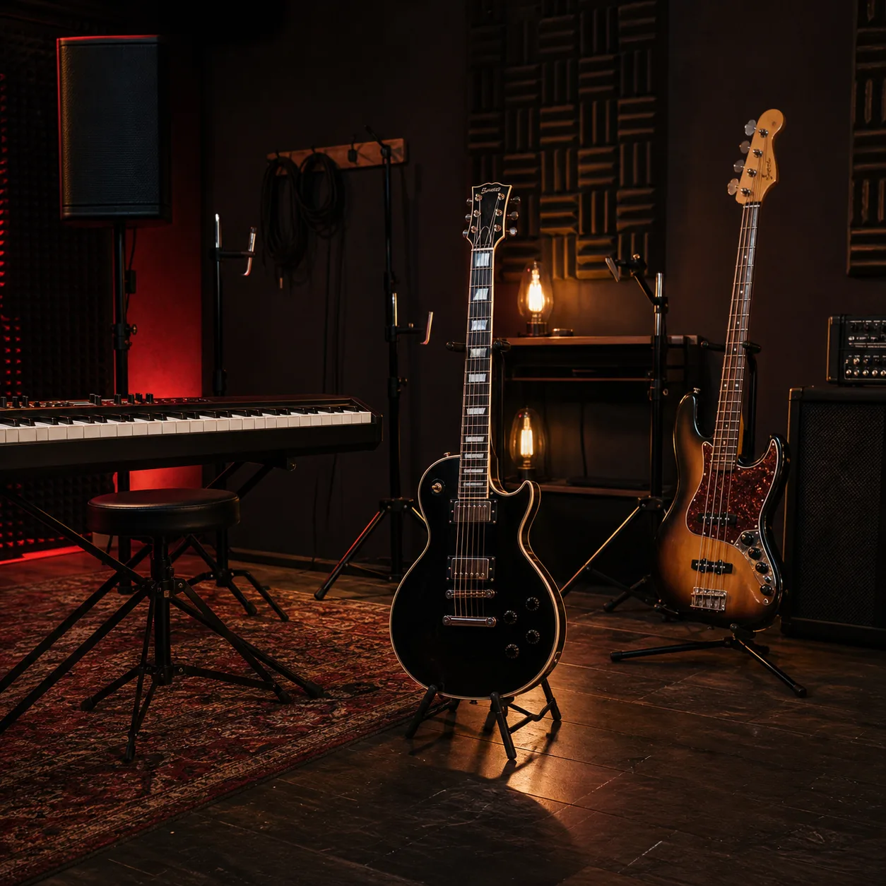 Guitars, bass, and keyboard arranged in a rehearsal studio